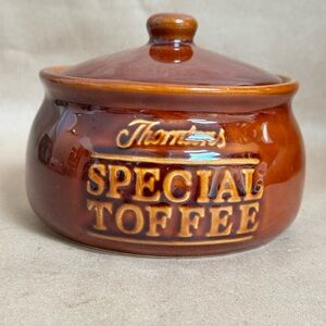 Vintage Thorton’s Special Toffee Brown Ceramic Covered Container. 5” by 4”